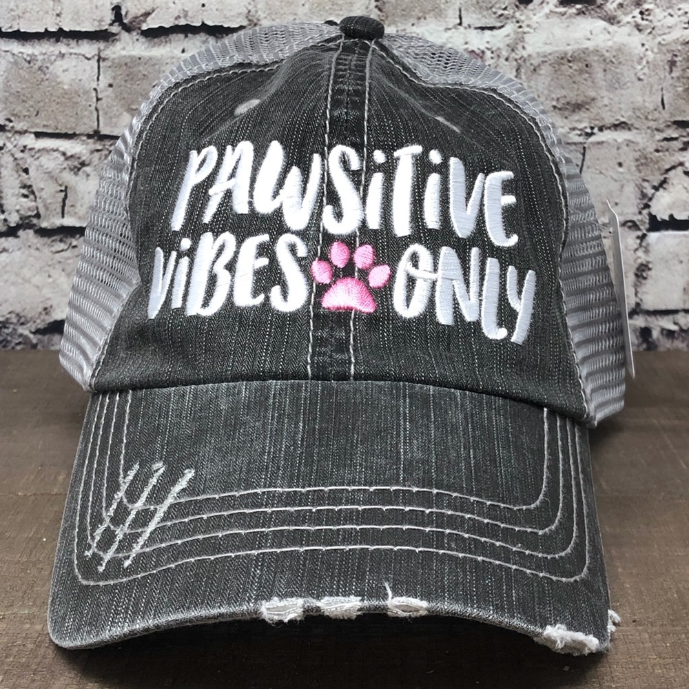 "Pawsitive Vibes Only" Embroidered/Distressed Cap